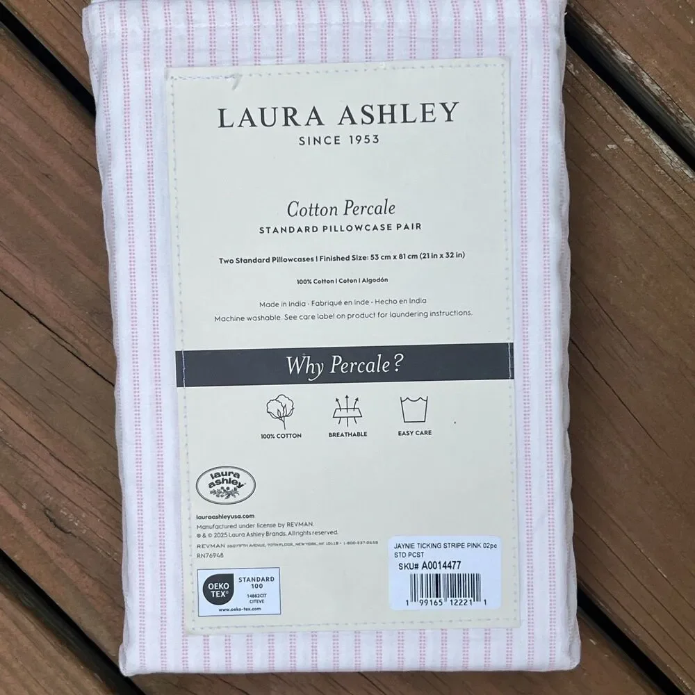 Laura Ashley Jaynie Ticking Stripe Pink PILLOWCASE Pair Cotton Percale Standard